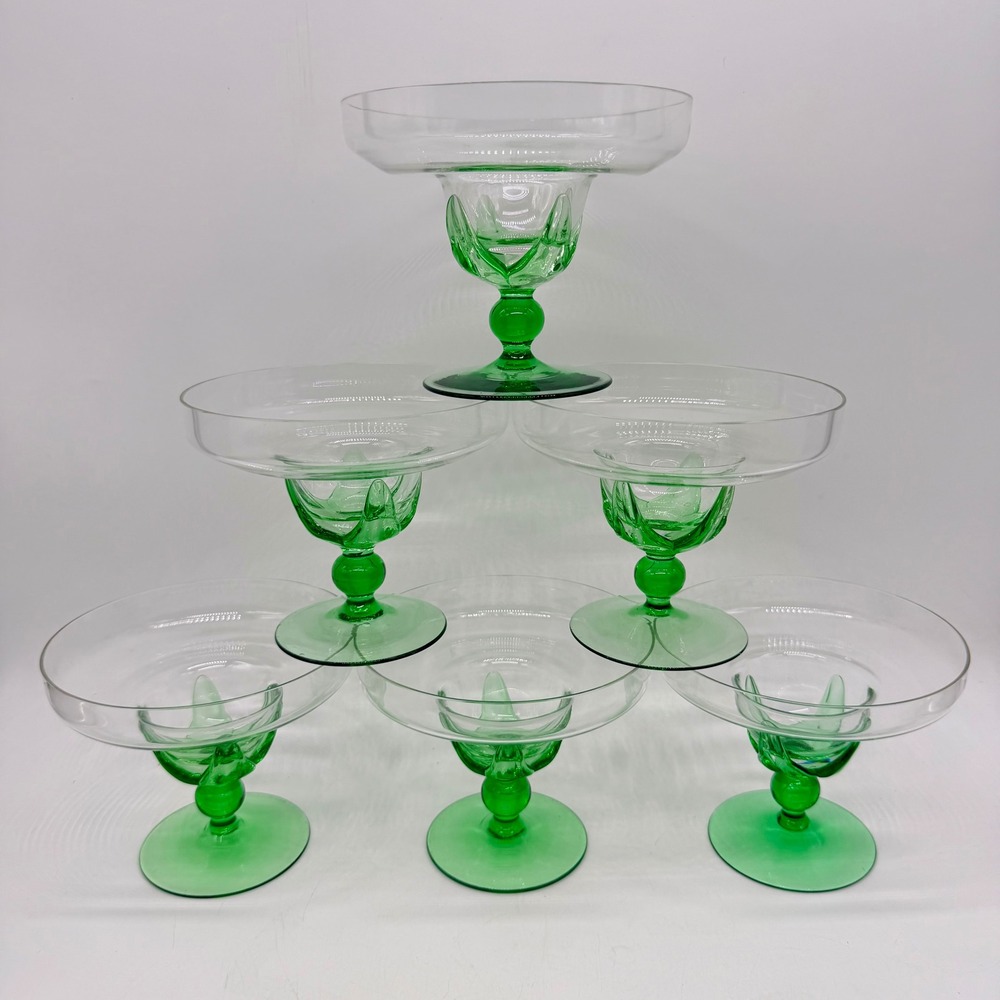 Vintage Green Stem Coupe Glasses Set of 6 Clear Bowl Emerald Pedestal Barware
